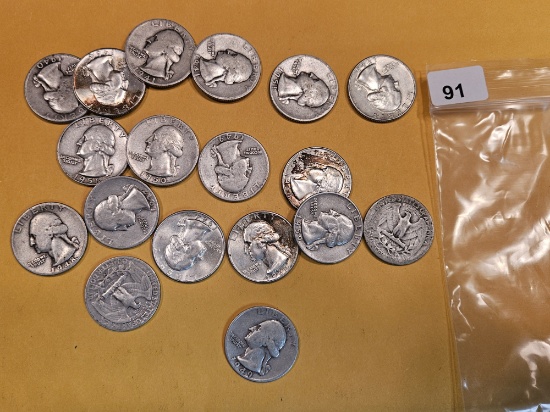 Eighteen mixed Silver Washington Quarters