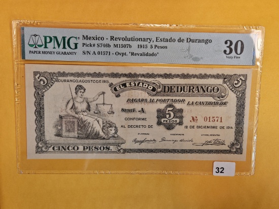 TOUGH! PMG 1915 Mexico 5 Pesos in Very Fine - 30