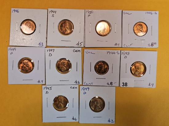 Ten Brilliant Uncirculated Red Wheat Cents