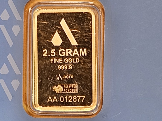 GOLD! Acre Gold .9999 fine 2.5 gram Gold Bar