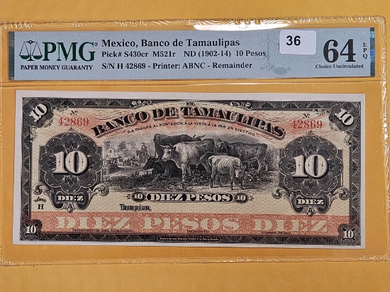 * PMG Mexico 1902 - 1914 ten pesos in Choice Unc 64 EPQ