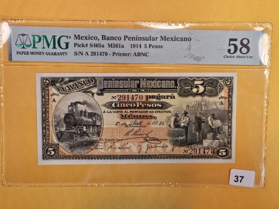 PMG 1914 Mexico 5 pesos in Choice AU-58