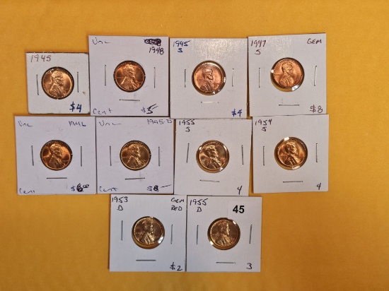Ten Choice (or better) Brilliant Uncirculated RED Wheat cents