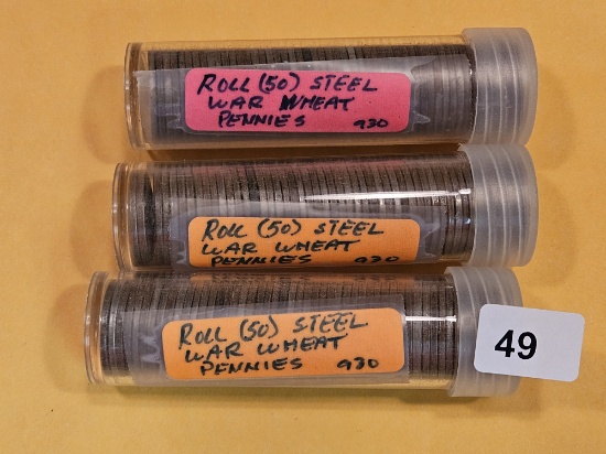 Three full rolls of Steel Wheat cents