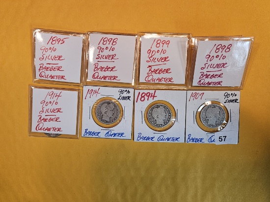 Eight mixed silver Barber quarters