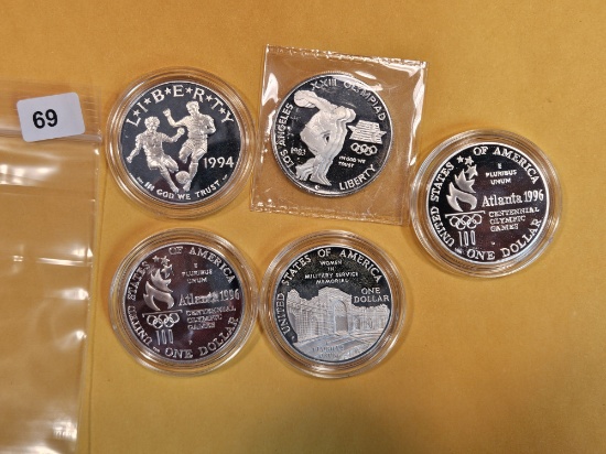 Five Proof Deep Cameo Commemorative Silver Dollars