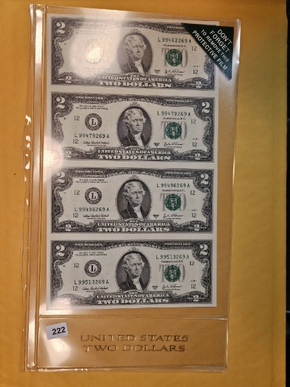 Original BEP Uncut Sheet of Crisp Uncirculated Two Dollar notes