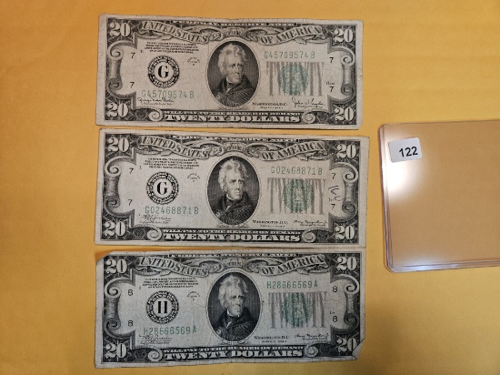 Three $20 Federal Reserve Notes