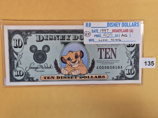 DISNEY DOLLAR! 1997-A Ten Dollar in Extra Fine