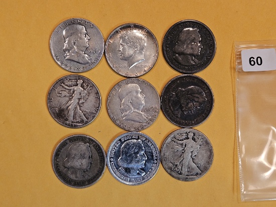 Nine mixed silver Half Dollars