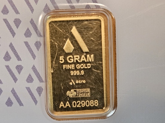 GOLD! ACRE FIVE Gram .9999 fine gold bar