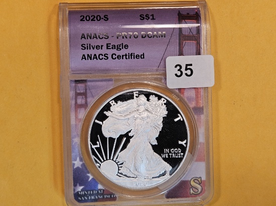 PERFECT! ANACS 2020-S American Silver Eagle in Proof 70 Deep Cameo