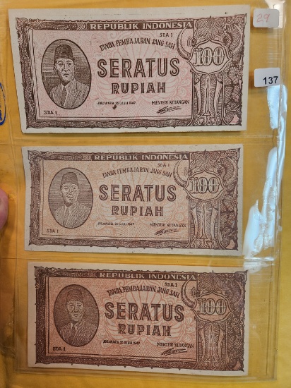 Three tougher Uncirculataed 1947 Indonesia 100 rupiah