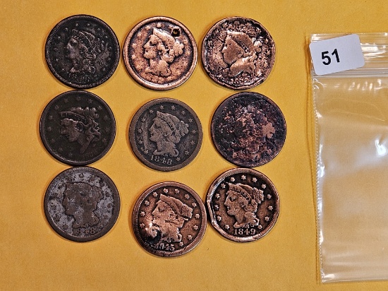 Nine Mixed Large Cents