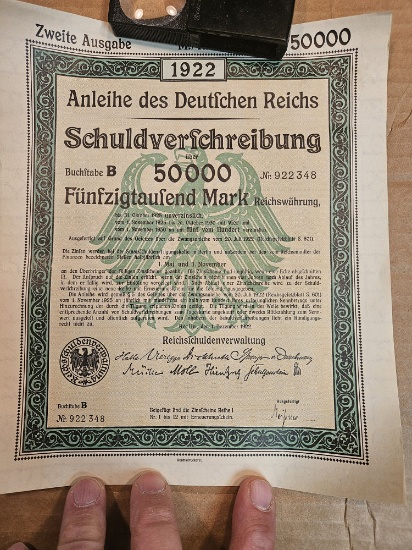 COOL and SCARCE! German 1922 50,000 Mark and Associated Coupon Sheet
