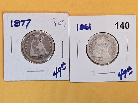 1877 and 1861 Seated Liberty Quarters