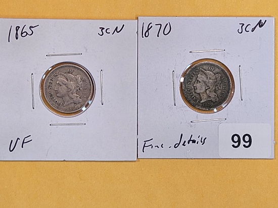 1865 and 1870 Three Cent Nickels