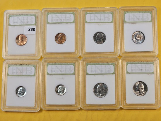 Eight 1974 Brilliant Uncirculated International Numismatic Bureau US Coins