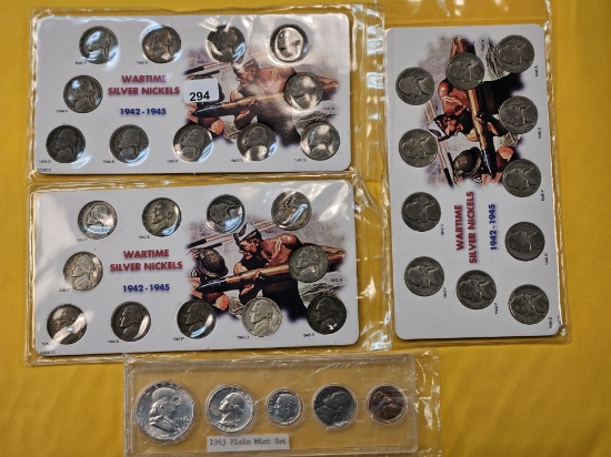 Three Sets of Wartime Silver Nickels and a 1963 Mint Set
