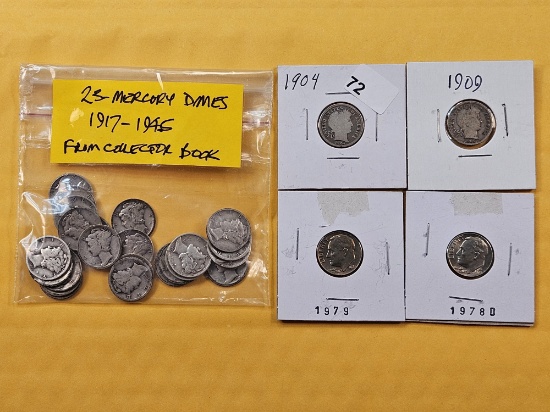 Twenty-Three Mercury Silver Dimes, Two Barber Silver Dimes and Two Roosevelt Dimes