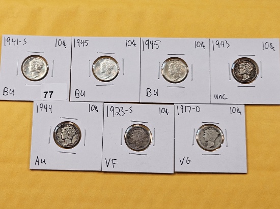 Seven Mercury Silver Dimes