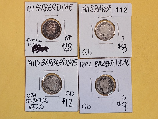 Four mixed silver Barber Dimes