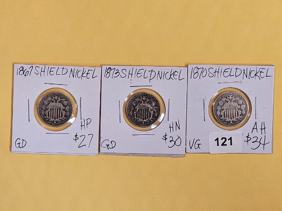 1867, 1873 and 1870 Shield Nickels