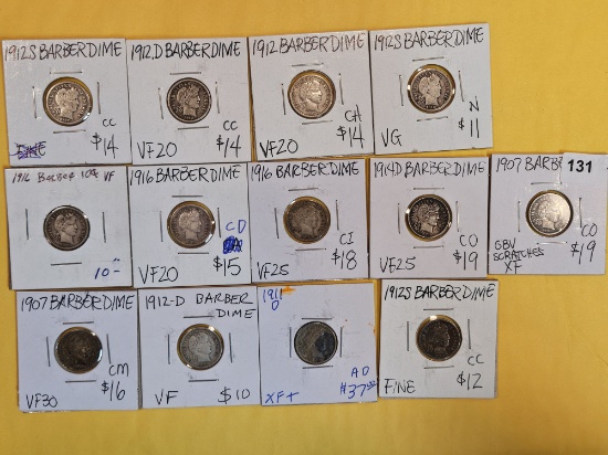 Thirteen mixed silver Barber Dimes