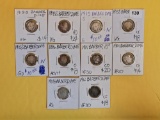 Ten mixed Barber Silver Dimes
