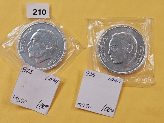 Two Brilliant Uncirculated 1976 Moroccan Fifty Dirham Silver Coins