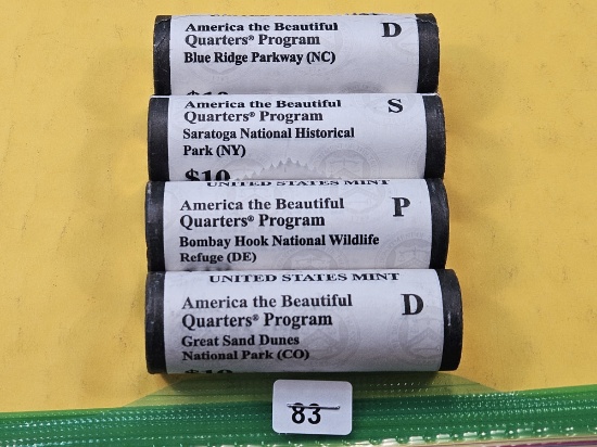 Four US Mint-Wrapped Rolls of GEM BU America the Beautiful Quarters