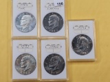 Three Uncirculated and Two GEM Proof Eisenhower Dollars, Three Silver