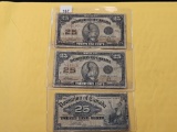 Three Canadian Twenty-five Cent Fractional Currency Notes