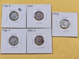 Five Mercury Silver Dimes