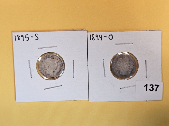 Two Semi-Key Barber silver Dimes