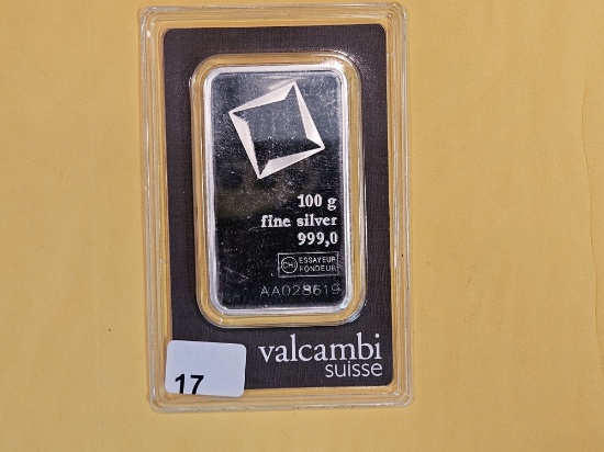 SILVER! VALCAMBI SUISSE 100 Gram .999 fine silver Bar