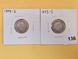 Two Semi-Key Barber silver Dimes