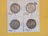 Four earlier date silver Walking Liberty Half Dollars
