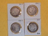 Four mixed Morgan Silver Dollars