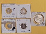 Five mixed, silver, World coins