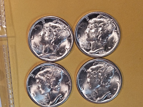 Four GEM Brilliant Uncirculated silver Mercury Dimes