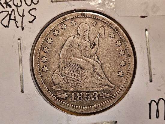 1853 Arrows and Rays Seated Liberty Quarter