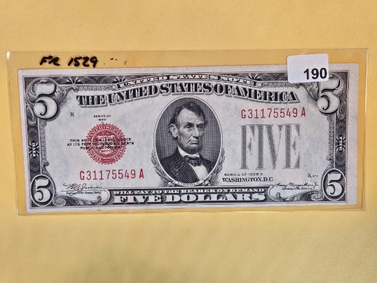 Crisp About Uncirculated plus 1928-C Five Dollar Red Seal US Note