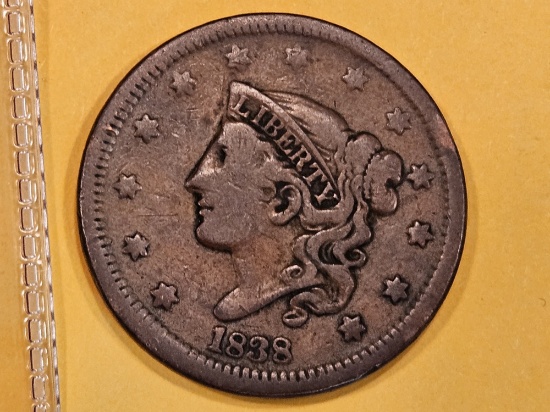 1838 Beaded Cord Large Cent in Fine