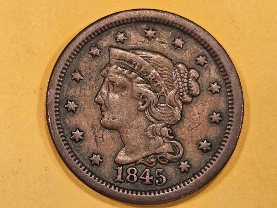 1845 Braided Hair Large cent in Very Fine plus - details