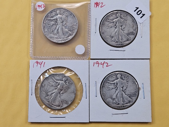 Four Circulated Walking Liberty Half Dollars
