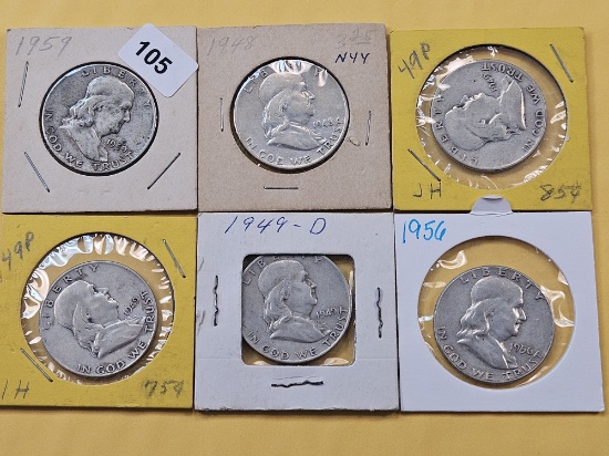 Six Circulated Franklin Silver Half Dollars