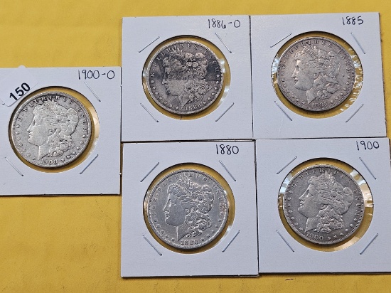 Five Circulated Morgan Silver Dollars