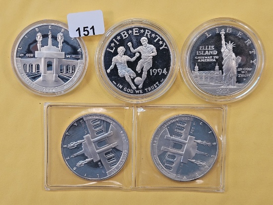 Five Commemorative Proof Silver Dollars
