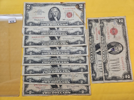 Ten Red Seal Two Dollar Federal Reserve Notes